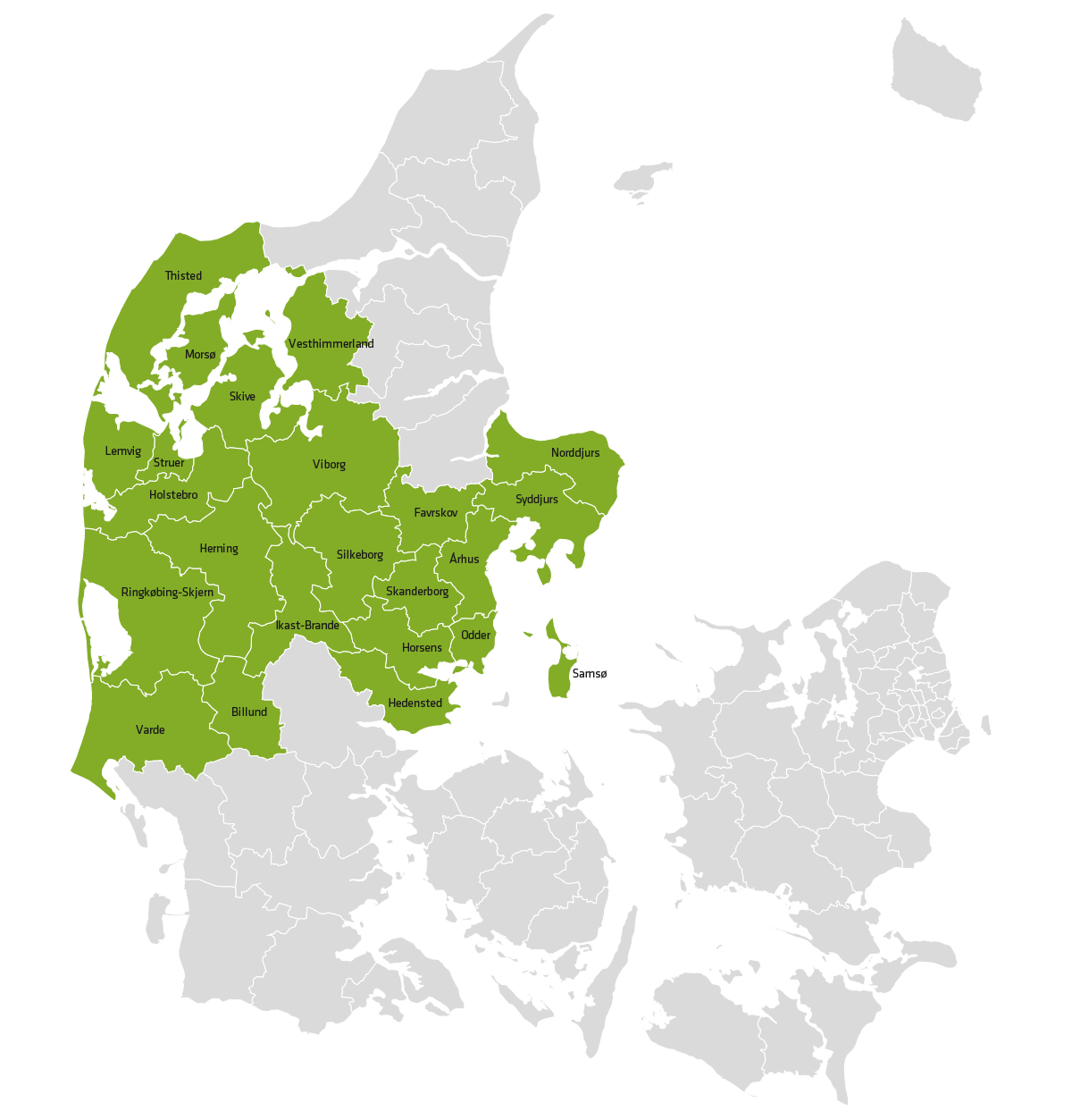 Danmarkskort, hvor de kommuner, der leverer deponiaffald til Reno Djurs er markerede med grønt